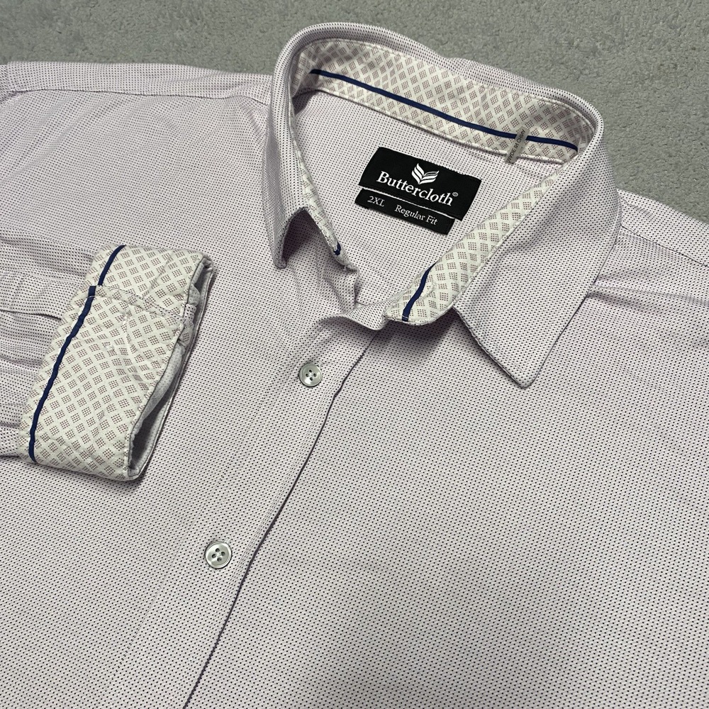 Butter Cloth Shirt Mens 2XL Pink‎ Polka Dot Soft Flip Cuff Stretch Casual Button